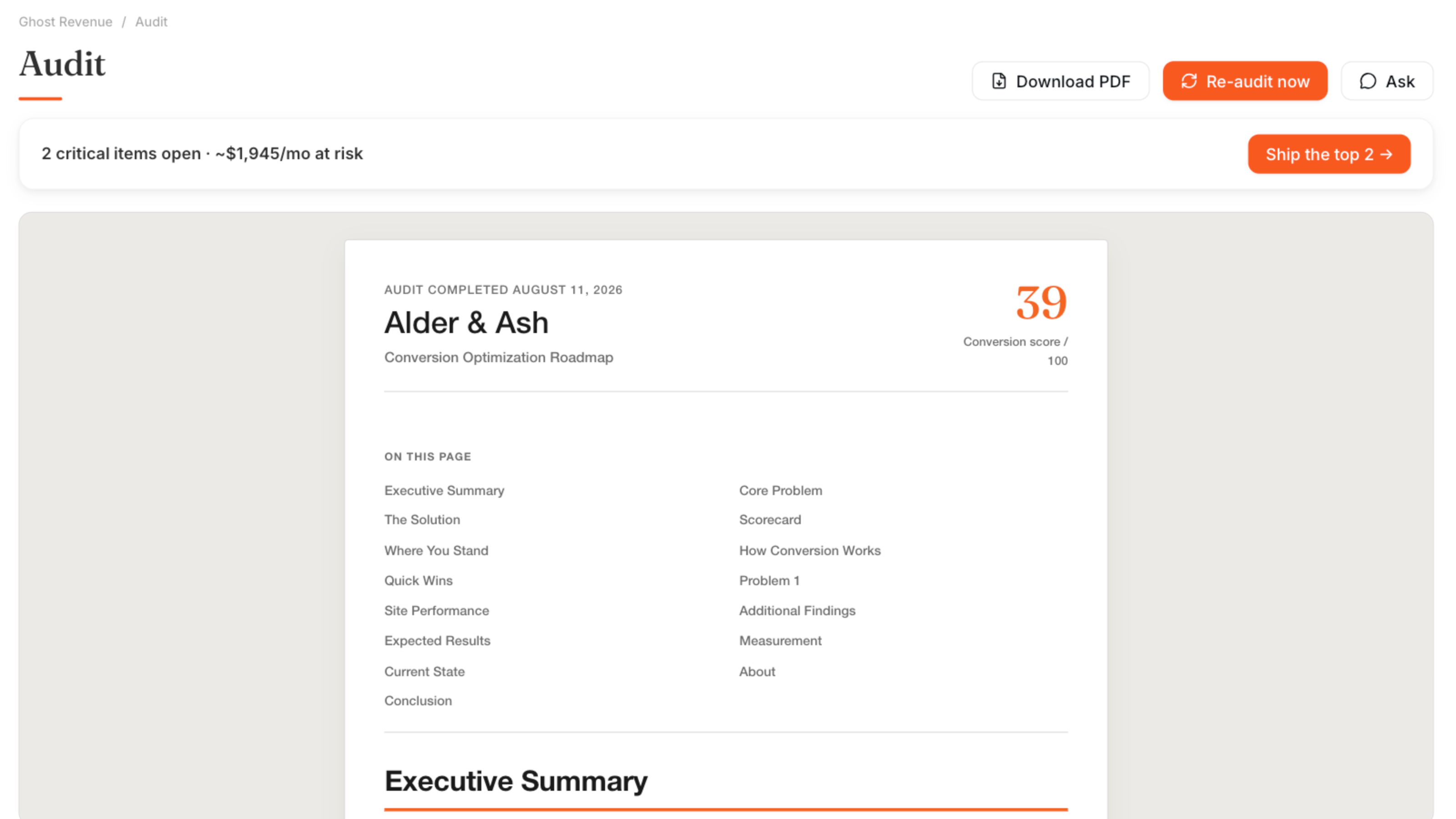 A downloadable conversion audit report with a scorecard